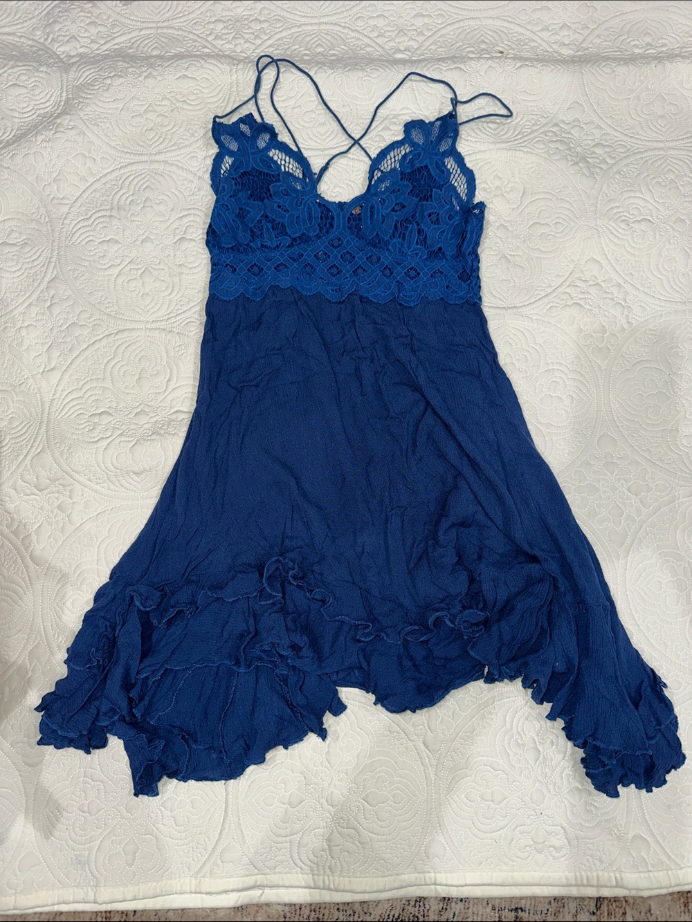 Free People Asymmetrical Crochet Bodice Dress in Cobalt